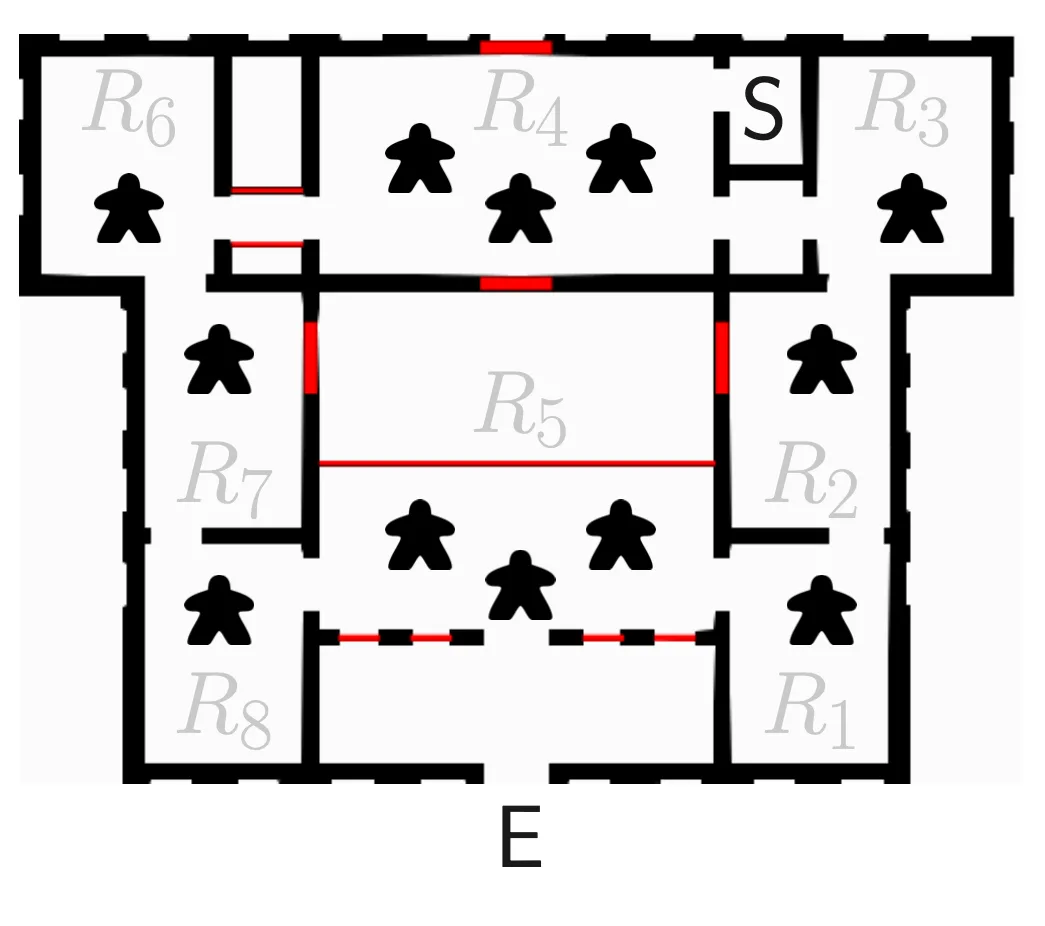 Floor plan of eight rooms with black pawn icons, an entrance E and a staircase S.