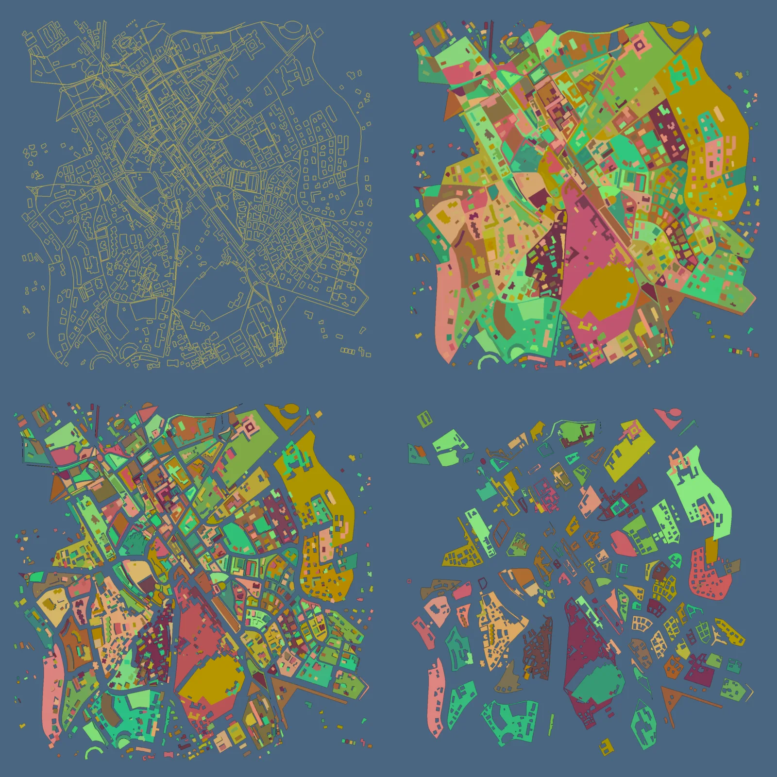 Four panels of a city map, from outlines to a patchwork of coloured faces on slate blue.