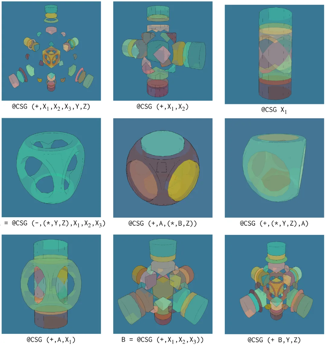 Nine renderings of translucent solids built from cubes, spheres and cylinders on teal.